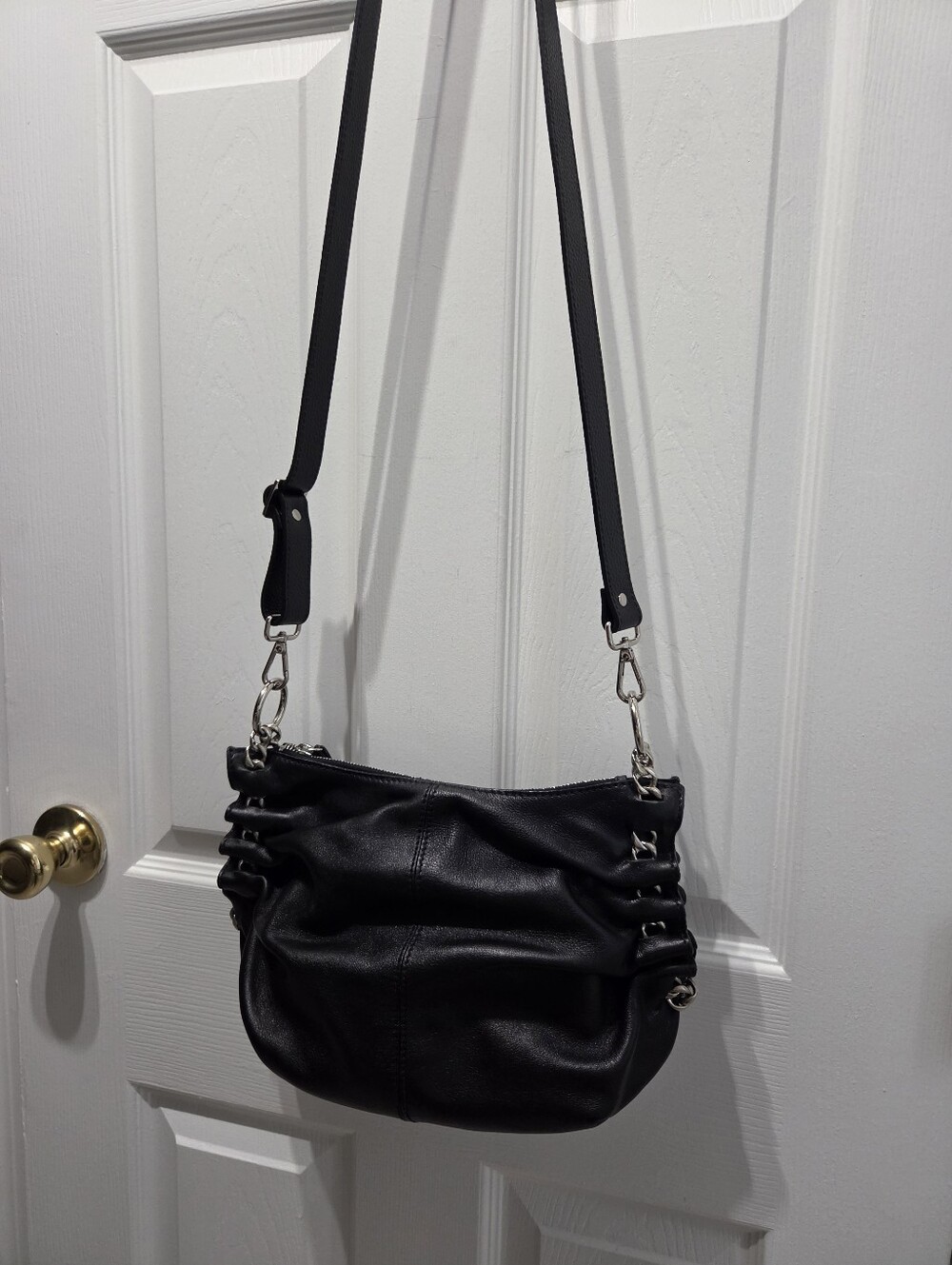 Desmo Black Leather Crossbody Bag - Shoulder Bag - Ruched Pleated Silver Chain